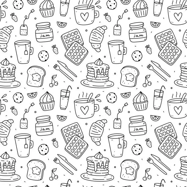 Vector illustration of Cute seamless pattern with breakfast food - toasts, jam,  coffee, tea, croissants, waffles, pancakes. Vector hand-drawn illustration in doodle style. Perfect for print, wrapping paper, wallpaper.