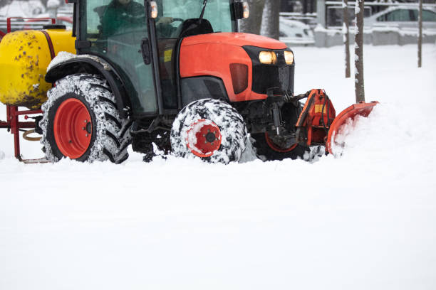 istock Tractor cleaning urban park paths on a cold snowy day. 1449008464