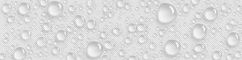 Pure water drops on transparent background. Condensation of fog or steam in shower, wet glass surface with pure aqua droplets from dew or rain, vector realistic illustration