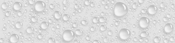 Pure water drops on transparent background Pure water drops on transparent background. Condensation of fog or steam in shower, wet glass surface with pure aqua droplets from dew or rain, vector realistic illustration rain drop stock illustrations
