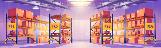 Warehouse interior storehouse inner view with rack Warehouse interior storehouse inner view, racks filled with boxes on palettes, equipment for stock products storage. Logistics, cargo and goods delivery, postal service, Cartoon vector illustration clothes hanger storage stock illustrations