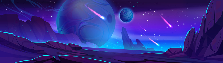 Alien planet landscape, night Mars surface with meteorites and spheres in space. Extraterrestrial game background with mountains, rocks and dark starry sky with comets, Cartoon vector illustration