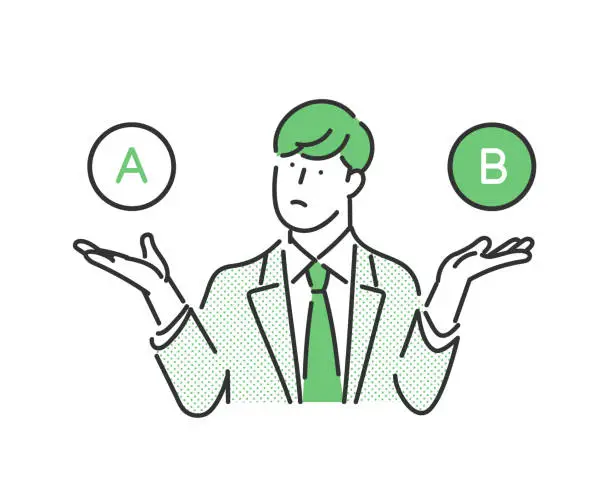 Vector illustration of Male businesspersons who think in terms of comparing A and B.