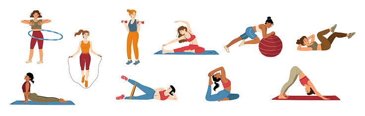 Woman workout and yoga exercises, sportswoman character in gym jump with rope, spinning hoop, training with dumbbells and fit ball, doing gymnastics, pumping arms and legs, Line art flat vector set