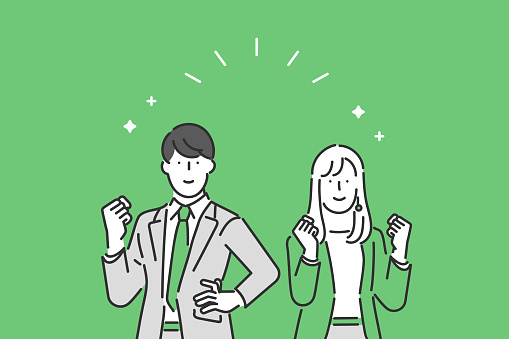 Illustration of male and female businesspersons posing gutsy with positive expressions.
