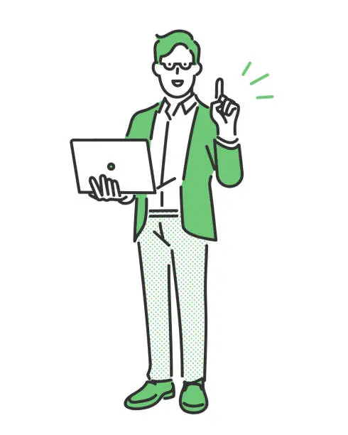 Vector illustration of Business person explaining while holding a laptop computer in one hand