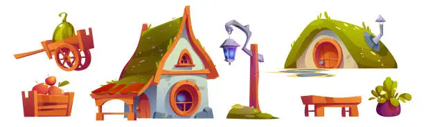 Vector illustration of Fantasy house of dwarf or hobbit isolated objects