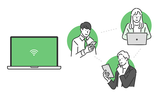 Illustration of a team of business people sharing information online
