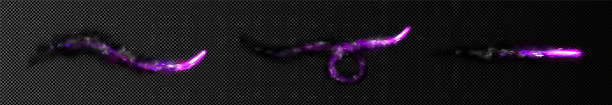 Purple magic light, smoke trace effect with stars Purple magic light, smoke trace effect with stars or sparkles. Wand spell, meteorite, glowing magician, wizard or fairy shiny trail isolated on transparent background, Realistic 3d vector illustration shooting star png stock illustrations