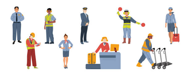 pilot obsługi lotniska, stewardesa, pracownicy ochrony - marshal stock illustrations
