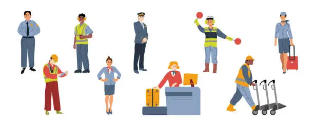 Vector illustration of Airport staff pilot, stewardess, security workers