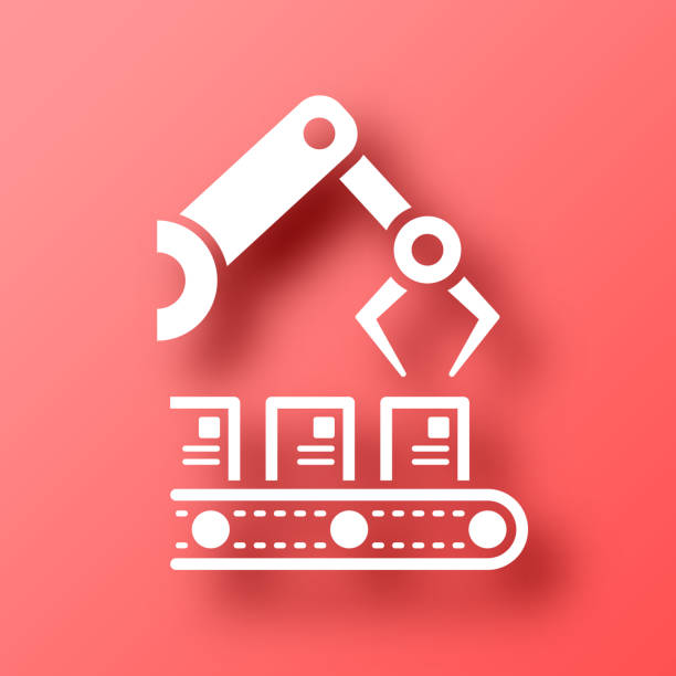 Robotic arm on production line. Icon on Red background with shadow White icon of "Robotic arm on production line" isolated on a trendy color, a bright red background and with a dropshadow. Vector Illustration (EPS file, well layered and grouped). Easy to edit, manipulate, resize or colorize. Vector and Jpeg file of different sizes. clip art of assembly line stock illustrations