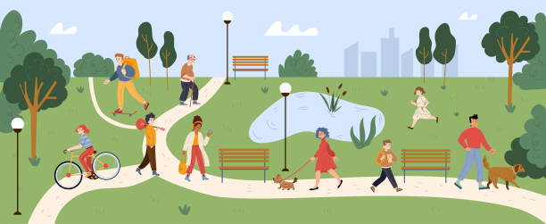 People walk with dogs, ride on bike in park People walk with dogs, ride on bike and rest in park. Summer landscape of city garden with delivery man, girl on bicycle, guy with guitar, student boy and senior adult person, vector illustration push scooter illustrations stock illustrations