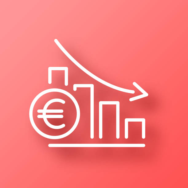 grafik des gesunkenen eurokurses. symbol auf rotem hintergrund mit schatten - red background grafiken stock-grafiken, -clipart, -cartoons und -symbole