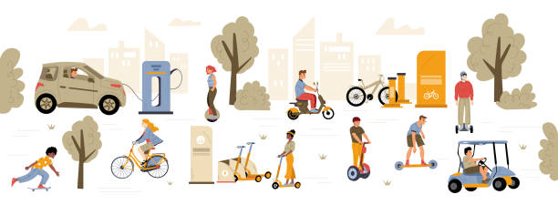 ludzie jeżdżący ekologicznym transportem w mieście, zielone samochody - electric motor obrazy stock illustrations