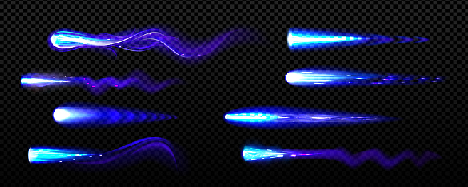 Blue fire trails of flying jet or rocket. Vector realistic set of different jetpack flame effects with neon glow and sparks isolated on transparent background