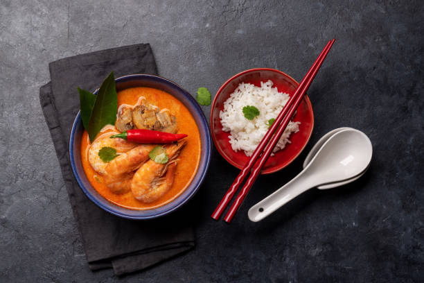 istock Thai Tom Yum Soup and bowl of rice 1449011041
