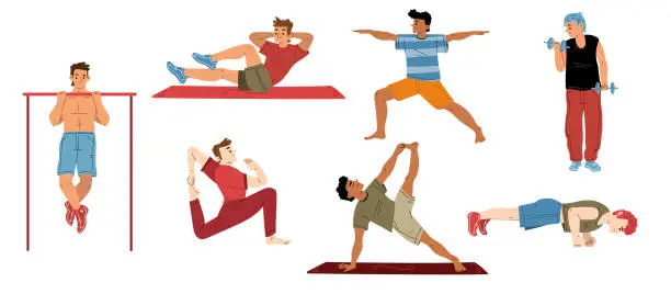 Vector illustration of Man exercise, yoga, sportsman characters workout