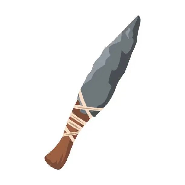 Vector illustration of Stone knife with wooden handle. Ancient tool for prehistoric people. Vector illustration of stone, wood weapon for hunting animal isolated on white