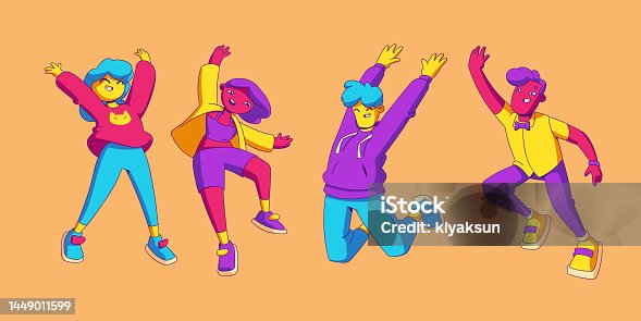 istock Happy people jump with raised arms, fun emotions 1449011599
