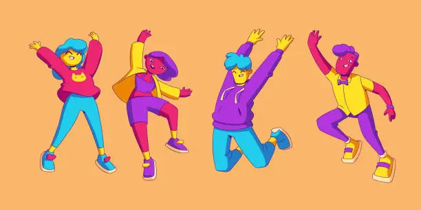 Vector illustration of Happy people jump with raised arms, fun emotions