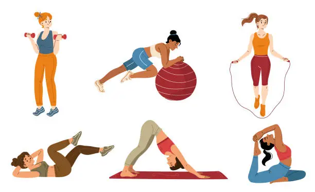 Vector illustration of Young women exercising, flat illustration set