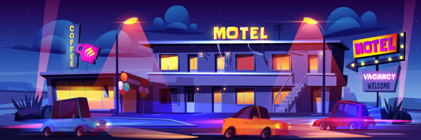 Motel at night highway roadside with riding cars Motel at night highway roadside with riding cars. Building facade with illuminated road sign and cafe and office. Accommodation for travelers, touristic 24 hours service, Cartoon vector illustration. roadside motel stock illustrations