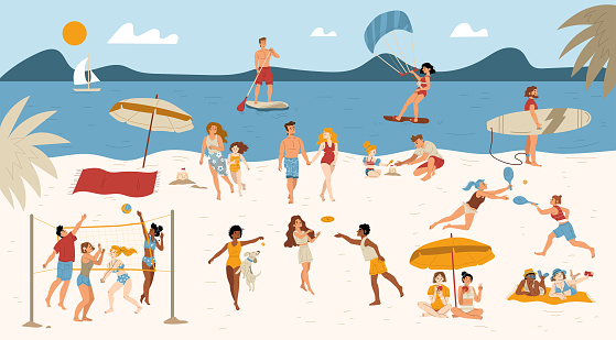 People on beach, characters performing summer sports and leisure outdoor activities at sea or ocean shore. Men, women and kids playing games, enjoying water sport, Line art flat vector illustration