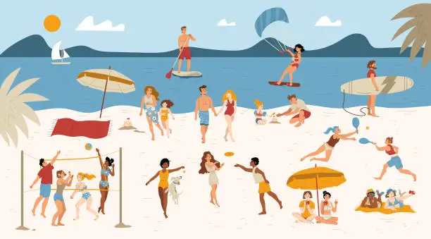 Vector illustration of People on beach, characters summer sports, leisure
