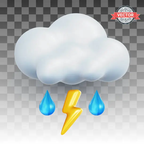 Vector illustration of Storm cloud icon with lightning and raindrops on a transparent background. Realistic 3d vector illustration
