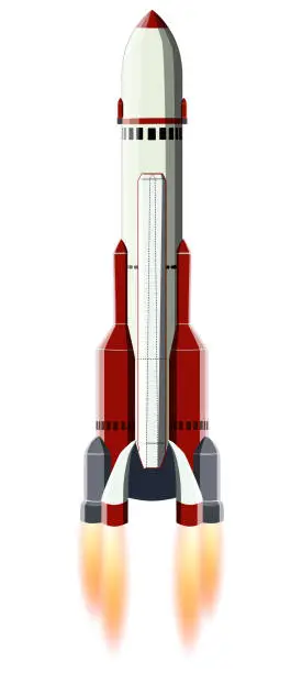 Vector illustration of Cartoon space rocket with elongated body and flame from nozzles isolated on white. Design element.