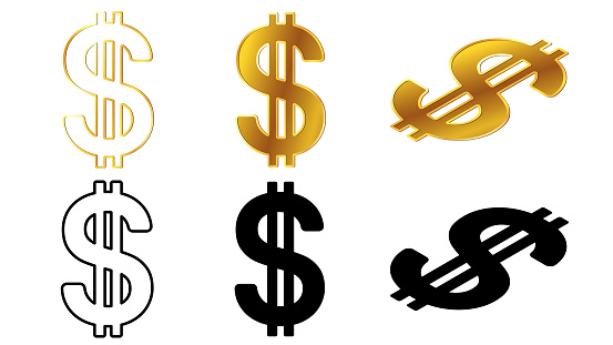 American Dollar USD currency golden signs, silhouette and outline isometric top and front view isolated on white background. Currency by the Central Bank of America. Vector clipart.
