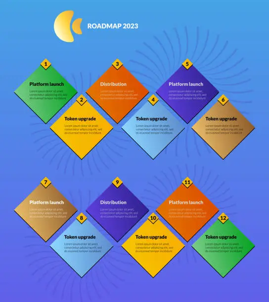 Vector illustration of Blue modular geometric roadmap with twelve colorful rhombuses. Timeline infographic template for business presentation. Vector.