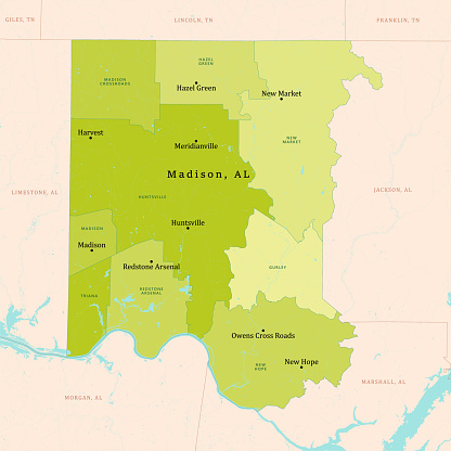 AL Madison County Vector Map Green. All source data is in the public domain. U.S. Census Bureau Census Tiger. Used Layers: areawater, linearwater, cousub, pointlm.