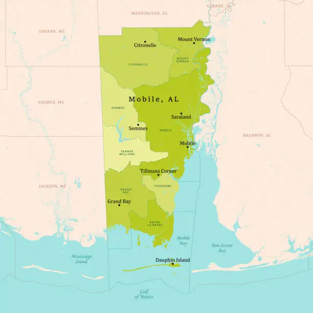 Vector illustration of AL Mobile County Vector Map Green