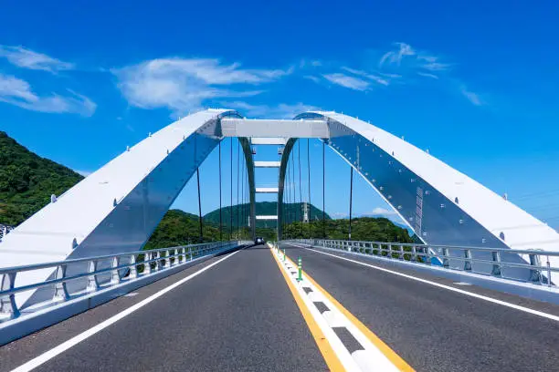 Amakusa Gokyo No. 1 Bridge (Amakusa Bridge) and New No. 1 Bridge (Tenjyo Bridge) connecting Misumi Nishi Port and Oyano Island on a sunny day in September 2022 in Misumi Town, Uki City, Kumamoto Prefecture.