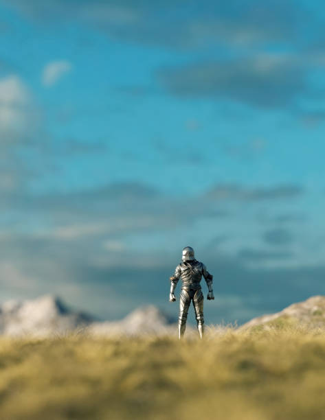 istock Historic knight stands between tall grass in sunny highlands with a cloudy sky. 3D render. 1449018360