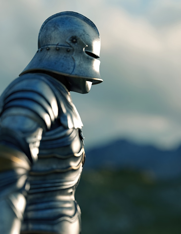 Historic knight stands in highlands under a cloudy sky. 3D render.