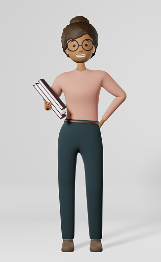 Smiling African American girl employee glasses book 3D rendering advertising banner UI UX design. Freelance worker Study education student.Cartoon multiethnic character business woman white background