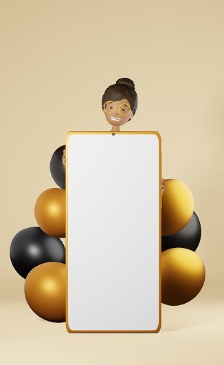 Happy African American girl peeks out from big smartphone mockup beige background 3D rendering app design.Freelance work Study advertisement.Cartoon multiethnic character mobile gadget screen balloons