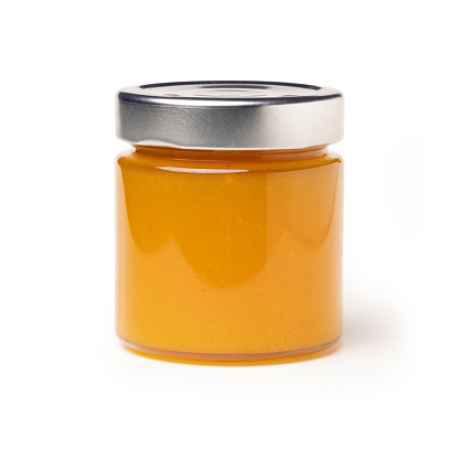 apricot or orange or tangerines marmalade, jam glass jar on white background – Glass Jar with Aluminium Lid, Mediterranean Gourmet, Spicy Flavor – Close-Up Macro