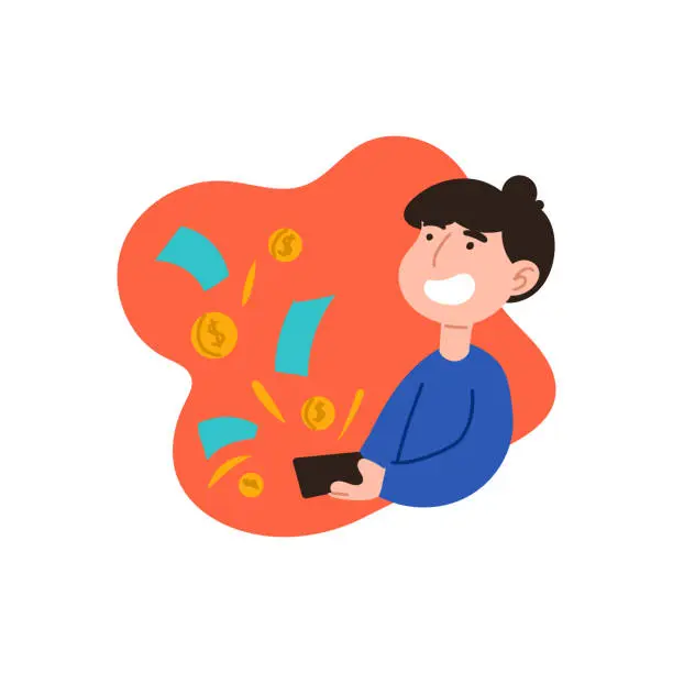 Vector illustration of Boy spending money. Bank, Card, check, money, dollar, termanal, ATM, bill, cashback, moenta, payment, cash. Salary concept. Flat style. Man in a blue tshirt on a white background