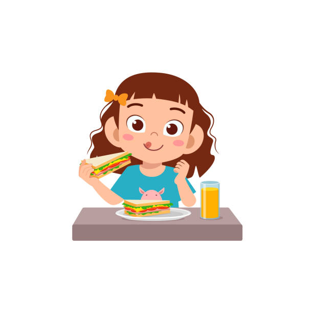 маленький ребенок ест бутерброд и чувствует себя счастливым - есть stock illustrations