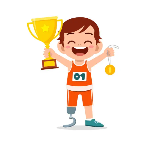 Vector illustration of little kid with prosthetic holding medal and trophy