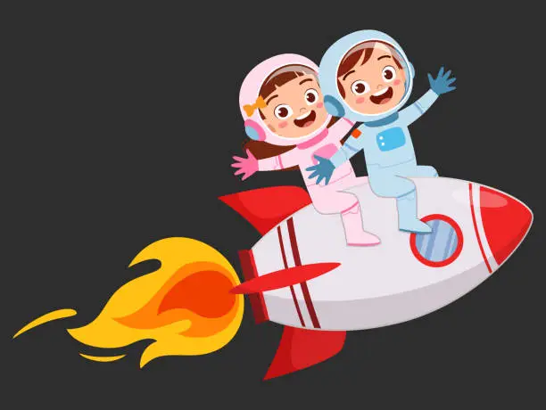 Vector illustration of little kid wearing astronaut costume and riding spaceship