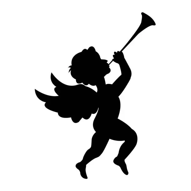 Vector illustration of Cupid plays the trumpet. Silhouette.Symbol of love, wedding and Valentine's day. Romance.