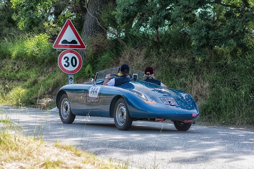 pesaro, Italy – May 18, 2018: PESARO COLLE SAN BARTOLO , ITALY - MAY 17 - 2018 :STANGUELLINI 1100 HARDTOP ALA D'ORO 1947 on an old racing car in rally Mille Miglia 2018 the famous