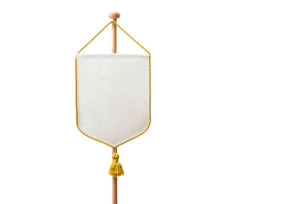 Blank Pennant white fabric with gold fringes on white background.