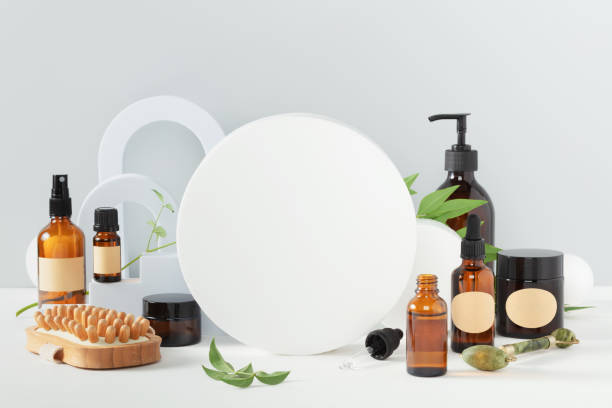 istock Various blank cosmetic container mock-ups on podiums and geometrical forms. Background for branding and packaging presentation 1449033185