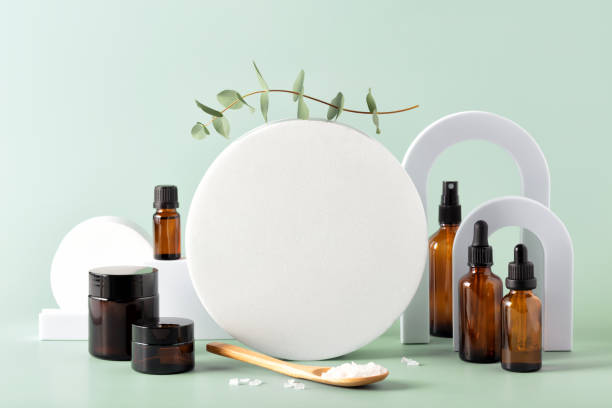 istock Various blank cosmetic container mock-ups on podiums and geometrical forms. Background for branding and packaging presentation 1449033201